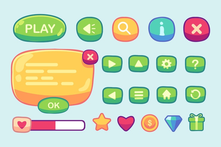 Vector gratuito kit de interfaz de usuario de juego conjunto de interfaz de usuario gui para crear juegos 2d vector de juego informal se puede utilizar en juegos móviles o web ilustración vectorial