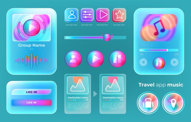 Kit de interfaz de usuario móvil para aplicación de música Plantilla de aplicación móvil Glassmorphism con pantallas de gradiente ux Diseño de interfaz de usuario con botones de barra de carga y signos de reproductor multimedia de audio Ilustración vectorial
