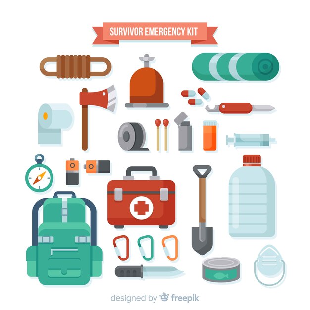 Kit de supervivencia de emergencia en diseño plano.