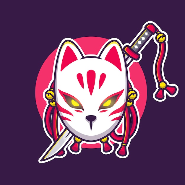 Kitsune lindo con personaje de dibujos animados de espada. Objeto de arte aislado.