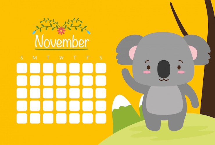 Vector gratuito koala con calendario, animales lindos, plano y estilo de dibujos animados, ilustración