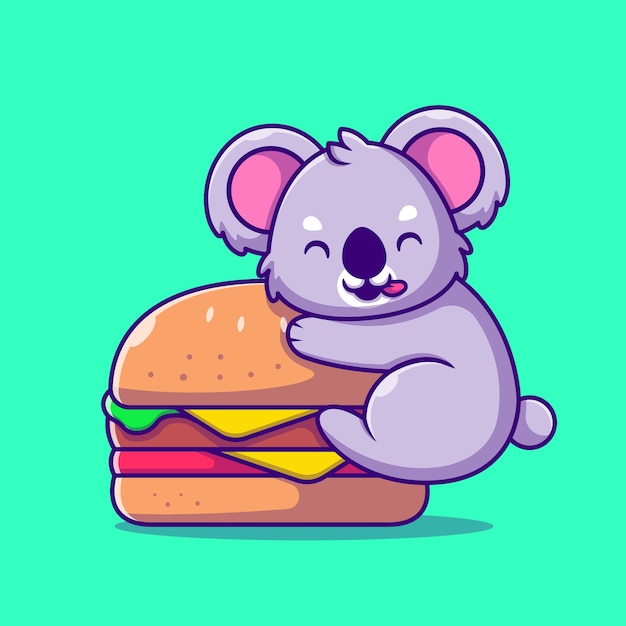 Koala lindo con ilustración de icono de dibujos animados de hamburguesa grande. Concepto de icono de comida animal aislado. Estilo de dibujos animados plana