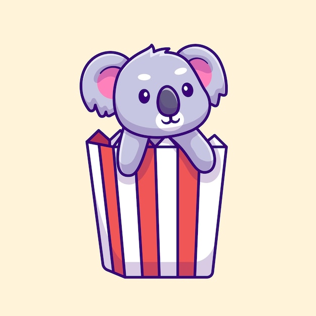 Koala lindo en la ilustración de icono de vector de dibujos animados de caja de palomitas de maíz. concepto de icono de alimento animal plano aislado