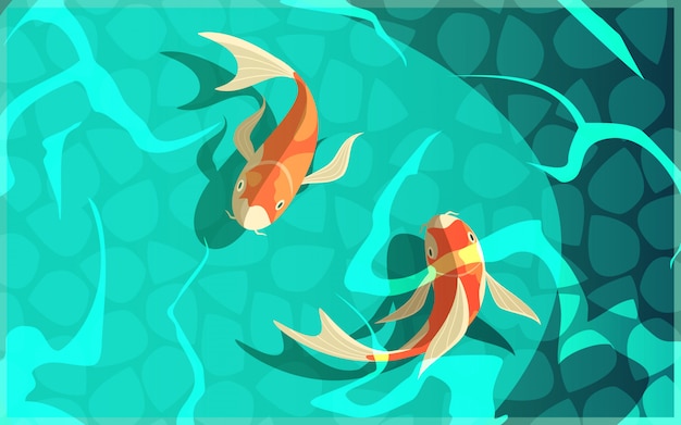 Vector gratuito koi carpa símbolo japonés de suerte fortuna prosperidad dibujos animados retro peces en agua cartel