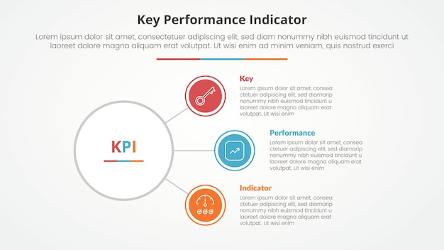 Vector gratuito kpi modelo de indicador de rendimiento clave concepto infográfico para presentación de diapositivas con red de conexión de línea de enlace de círculo con lista de 3 puntos con estilo plano