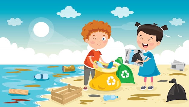 Niños voluntarios recogiendo basura en la playa. | Vector Premium