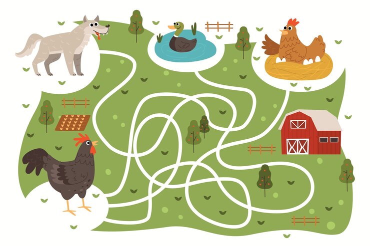Vector gratuito laberinto para niños con animales de granja.