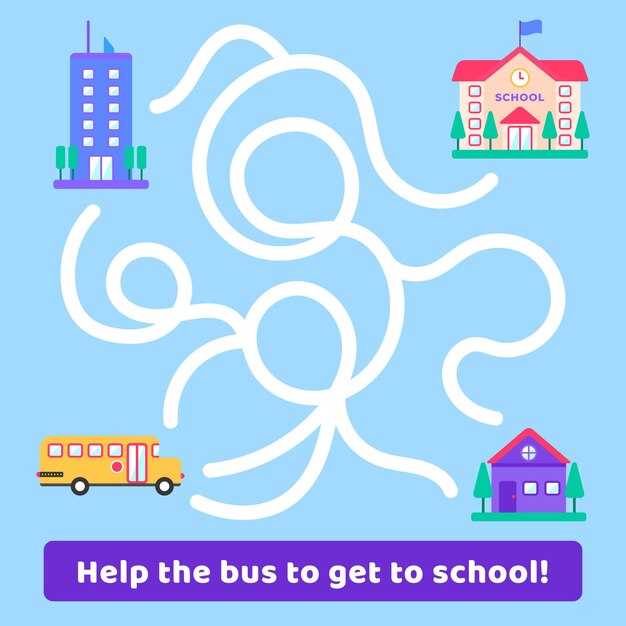 Laberinto para niños con autobús y edificio escolar.