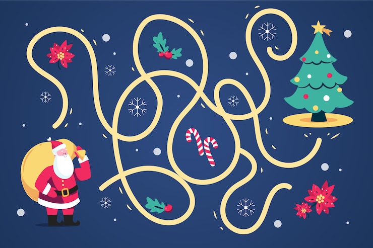 Vector gratuito laberinto para niños con santa y arbol.