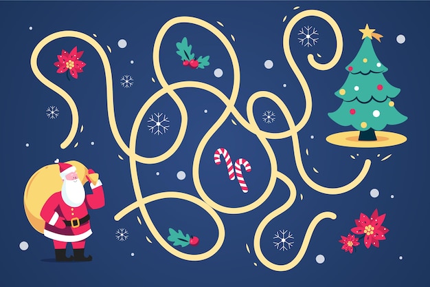 Laberinto para niños con santa y arbol.