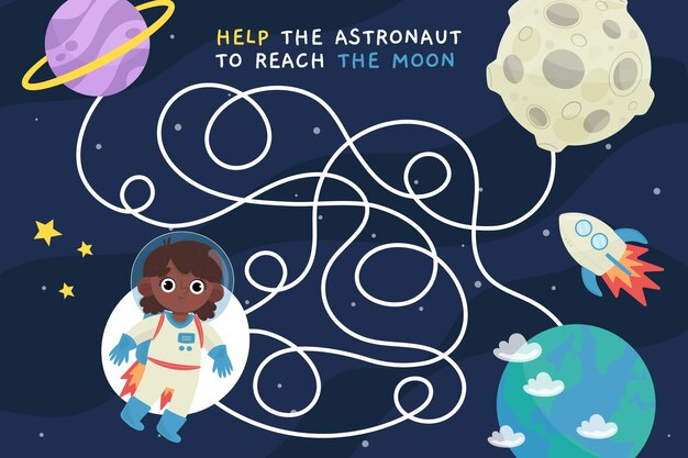 Laberinto para niños con tema espacial.