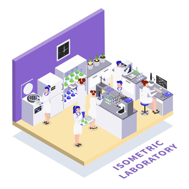 Laboratorio de bioingeniería manipulación genética del adn investigación científica transgénicos plantas animales creación de alimentos composición isométrica ilustración