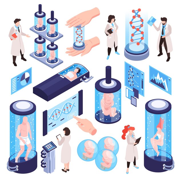 Laboratorio de ciencia de investigación de ADN de clonación humana isométrica con iconos aislados de tubos de ensayo personajes humanos ilustración vectorial