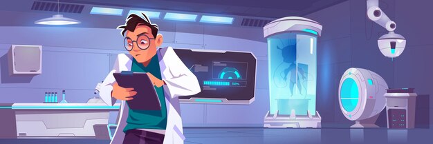 Laboratorio de ciencia moderna con equipamiento para la investigación en medicina y biotecnología. Interior de dibujos animados de vector de laboratorio futurista con alien en cápsula criogénica, pantalla, microscopio y científico