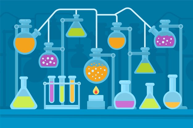 Laboratorio de ciencias plano química, cristalería y llamas