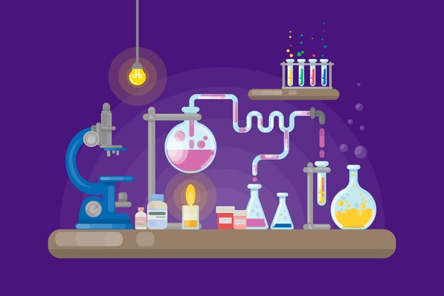 Laboratorio de ciencias sobre fondo morado Tubos y lámparas