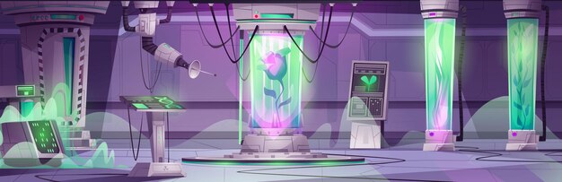 Laboratorio científico en la nave espacial con equipo y maquinaria para experimentos de investigación Interior de la habitación del transbordador de dibujos animados con plantas en cápsula con computadoras líquidas verdes y monitores con gráficos