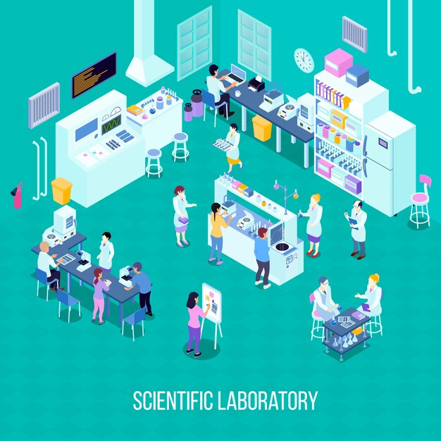 Laboratorio de composición isométrica con personal, equipamiento científico con tecnologías informáticas, herramientas químicas.