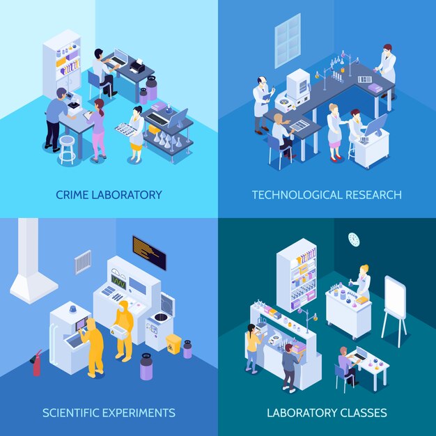 Laboratorio de delitos, clases de práctica química, experimentos científicos e investigación tecnológica. Concepto de diseño isométrico aislado.