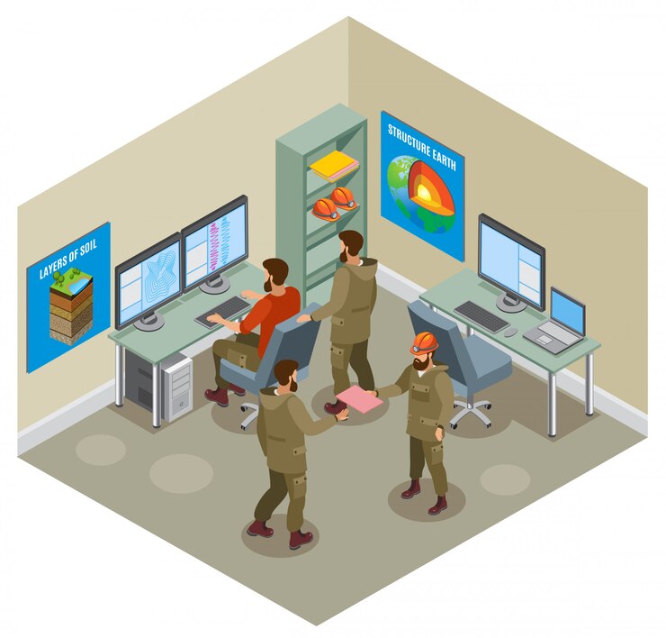 Vector gratuito laboratorio geológico de investigación de la tierra con científicos computadoras computadoras carteles educativos en paredes composición isométrica