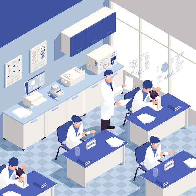 Laboratorio de ingeniería genética isométrico con ilustración de símbolos de investigación del genoma