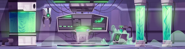 Laboratorio de naves espaciales con equipos Ilustración de dibujos animados vectoriales de plantas interiores de laboratorios de ciencias futuristas en cápsulas de vidrio llenas de datos de experimentos de brazos robóticos de gas verde en la pantalla de la computadora
