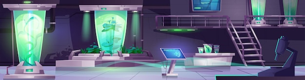 Laboratorio de naves espaciales futuristas con muestras de plantas