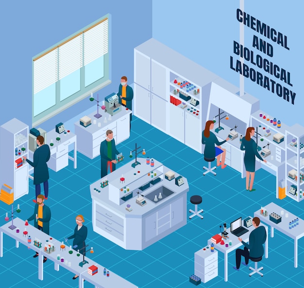 Laboratorio químico biológico con científicos durante el trabajo equipo de investigación y elementos interiores isométricos