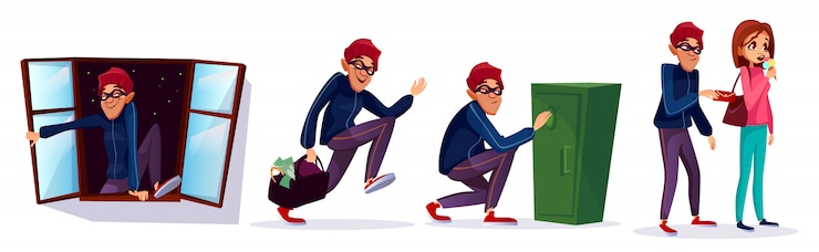 Vector gratuito ladrón de dibujos animados, conjunto de caracteres de ladrón. ladrón corriendo con dinero robado