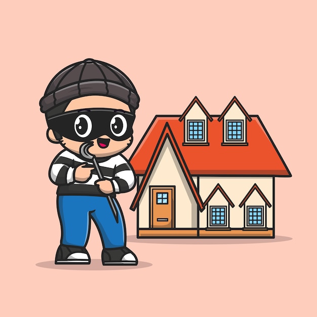 Vector gratuito ladrón lindo entra en casa con barra de palanca icono vectorial de dibujos animados ilustración de personas de vacaciones apartamento aislado