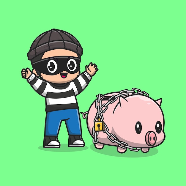 Vector gratuito ladrón lindo roba cerdo con candado y cadena icono vectorial de dibujos animados ilustración de personas animales aislados