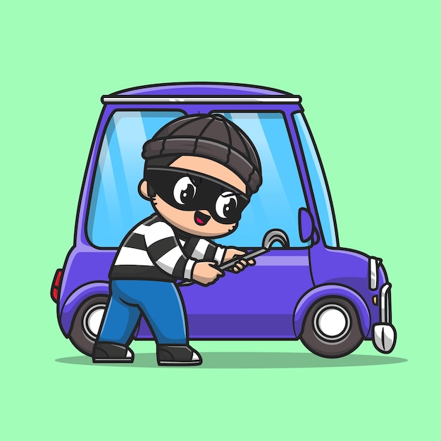 Vector gratuito ladrón lindo roba un coche con un palo de leña ilustración de icono vectorial de dibujos animados transporte de personas aislado