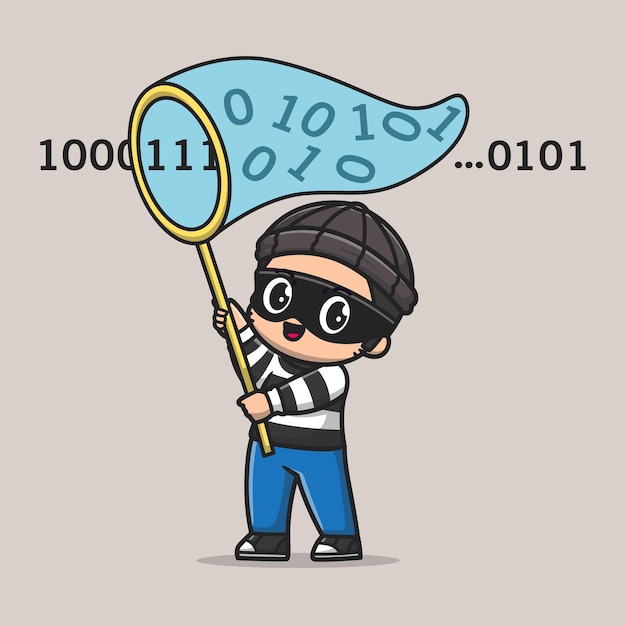 Vector gratuito ladrón lindo robando código de números binario con red de pesca icono de dibujos animados vector ilustrado gente plana