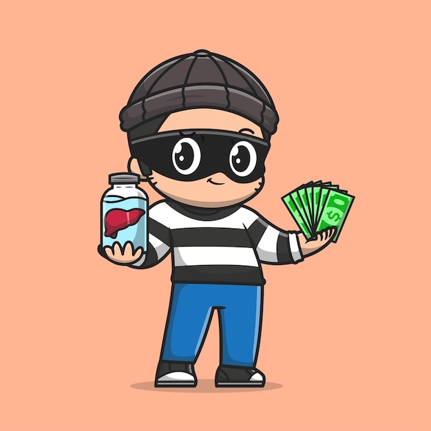 Vector gratuito ladrón lindo sosteniendo órganos humanos y dinero icono vectorial de dibujos animados ilustración de personas vacaciones aisladas