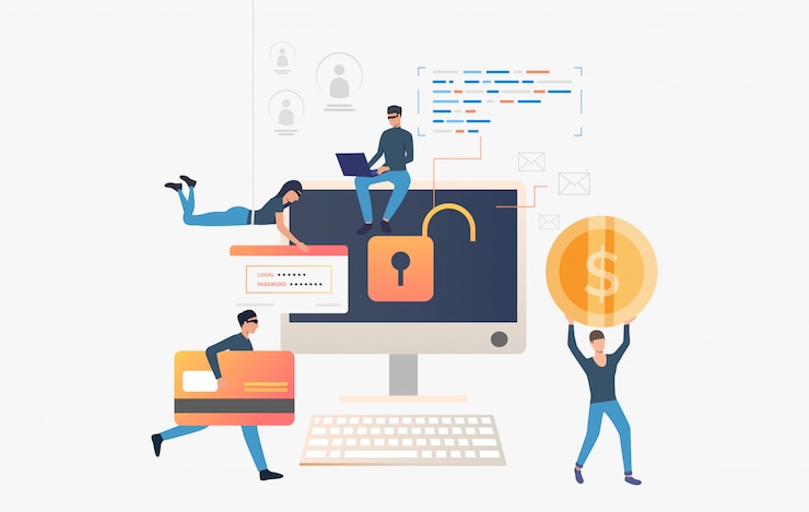 Vector gratuito ladrones cibernéticos que roban datos del banco de la computadora