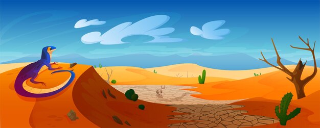 Lagarto sentado en una duna en el desierto con arena dorada