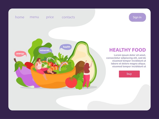 Vector gratuito lage de aterrizaje plano de alimentos saludables y súper para el sitio web con botones de enlaces en los que se puede hacer clic e imágenes de garabatos