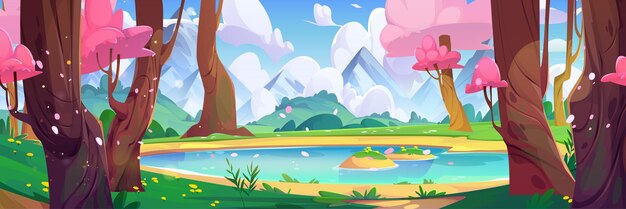 Lago del bosque de cerezos y fondo de paisaje de naturaleza de montaña Escena de vector de parque de sakura asiático con agua de estanque hermosa flor rosa y colina de hierba verde diseño de ilustración de panorama al aire libre
