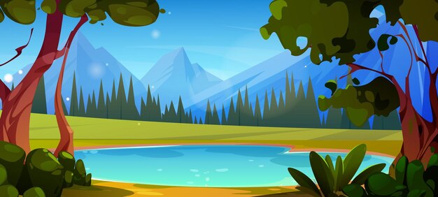 Lago de montaña en el bosque naturaleza paisaje de fondo vectorial verano paisaje de árboles con verde valle de hierba y cielo azul en los Alpes panorama hermosa aventura al aire libre vacaciones de Altai concepto de dibujo