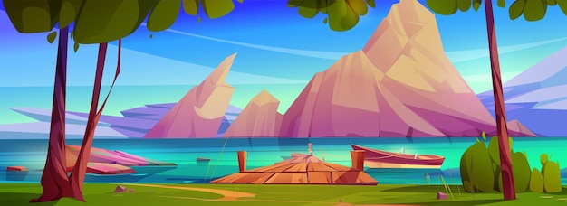 Vector gratuito lago de montaña con muelle y barco fondo vectorial de dibujos animados paisaje natural de verano con árbol de agua y hermoso cielo panorama al aire libre con río para ubicación en la costa diseño de fondo de viaje tranquilo