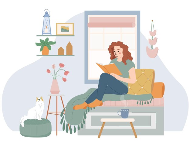 Lagom life composición plana del interior de la habitación con ventana de flores gato y mujer leyendo en la ilustración de vector de sofá