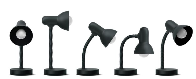 Lámpara de mesa 3d en diferentes posiciones bombilla de escritorio negro de diseño clásico Suministro de trabajo eléctrico para leer la decoración del hogar y la iluminación de la habitación equipo de luz aislado Ilustración vectorial realista