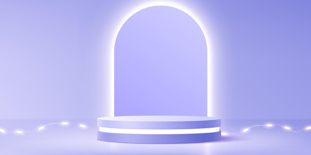 Lámparas de luz con guirnaldas iluminando el podio púrpura