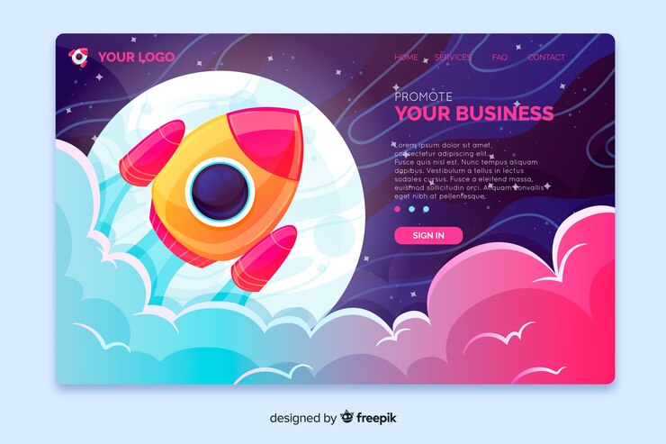 Vector gratuito landing page con un cohete despegando