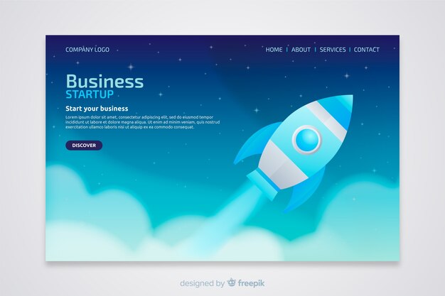 Landing page con un cohete despegando