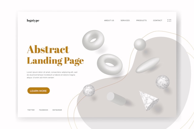 Landing page con formas geométricas 3D.