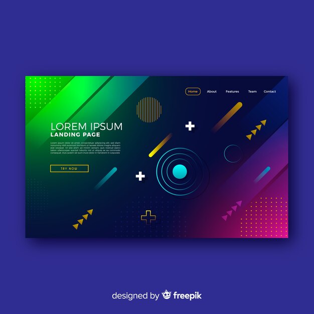 Landing page con formas geométricas gradientes