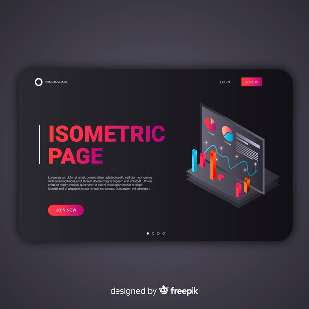 Landing page infográfica isométrica oscura