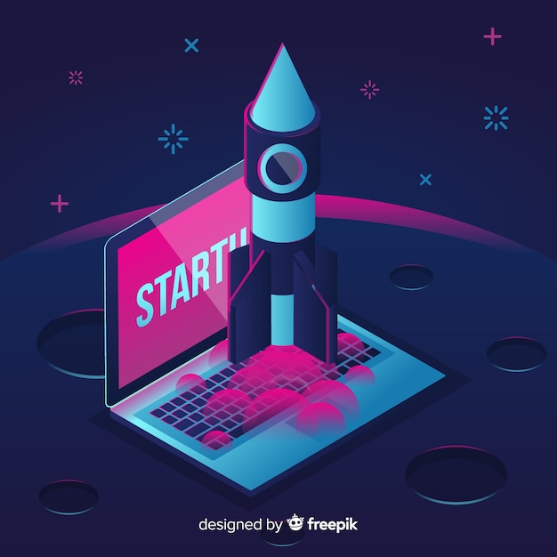 Vector gratuito landing page isométrica con cohete