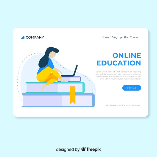Landing page plana educación online chica usando el portátil